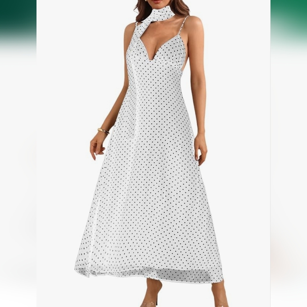 NWT Elegant White Dress With Black Polka Dots Size L